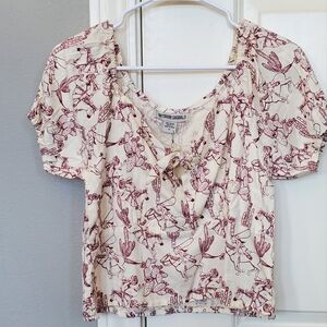 Nwt outdoor casual medium western cowgirl graphic top bow front puff sleeve red